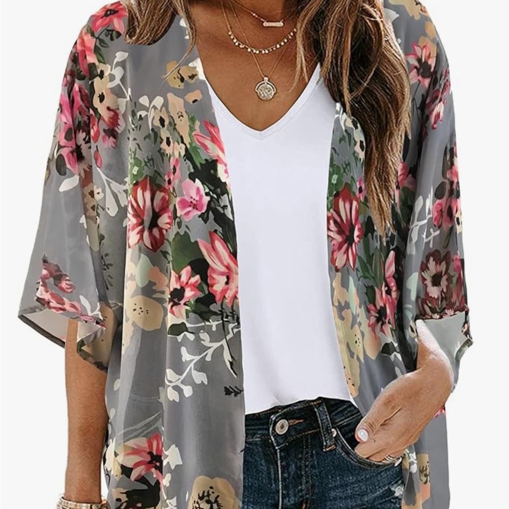 Floral Kimono Style Open Front Cardigan